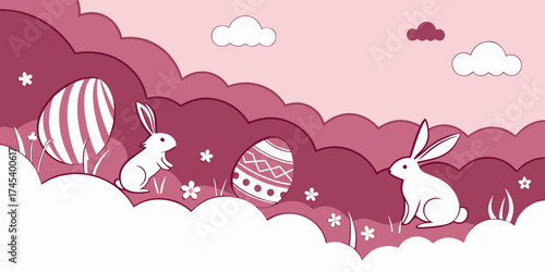 Horizontal banner featuring layered paper-cut clouds, bunnies, Easter eggs, and a bright spring dark pink background. 