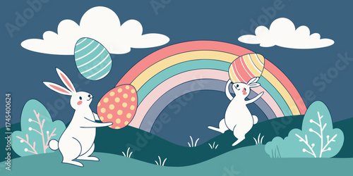 Horizontal banner featuring layered paper-cut clouds, bunnies, Easter eggs, and a bright spring blue background. 