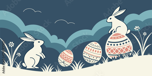 Horizontal banner featuring layered paper-cut clouds, bunnies, Easter eggs, and a bright spring blue background. 