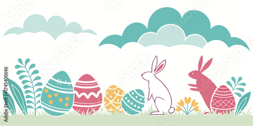 Horizontal banner featuring layered paper-cut clouds, bunnies, Easter eggs, and a bright spring isolated background. 