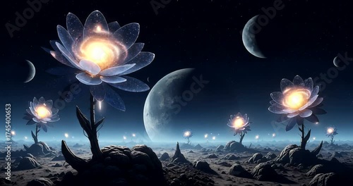 Surreal alien landscape with luminous flowers under a starry sky