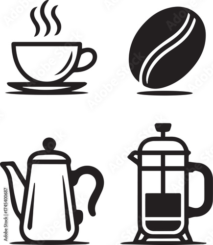Black and white icons of coffee cup bean teapot and French press steam saucer