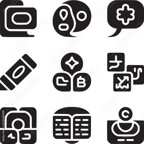 A grid of nine black silhouette icons representing diverse concepts and symbolic representations