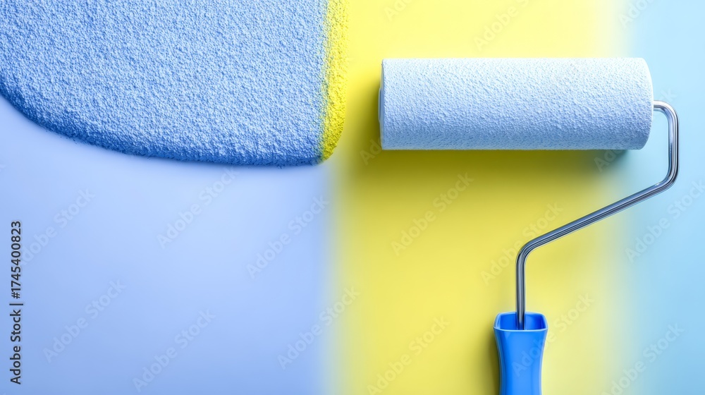 Obraz premium Top down view shows paint roller with blue handle applying textured patch of light blue paint to background that is primarily bright yellow and blue