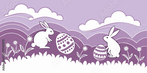Horizontal banner featuring layered paper-cut clouds, bunnies, Easter eggs, and a bright spring purple  background. 