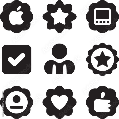 A grid of nine black vector icons including apple star checkmark person heart and thumbs up symbols