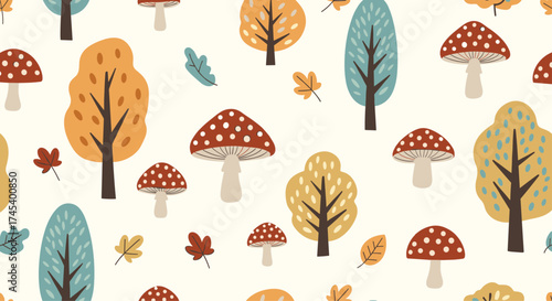 A delightful pattern of autumnal trees and mushrooms in warm colors.