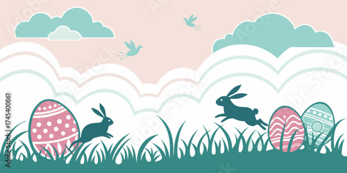 Horizontal banner featuring layered paper-cut clouds, bunnies, Easter eggs, and a bright spring dark sky background. 