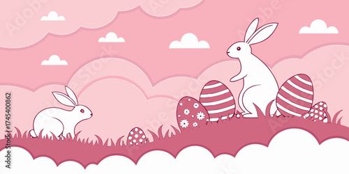 Horizontal banner featuring layered paper-cut clouds, bunnies, Easter eggs, and a bright spring  pink background. 