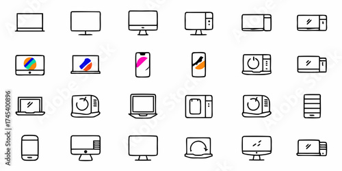 Simple minimalist tech icons for modern designs: Featuring computers, laptops, smartphones and other gadgets, perfect for app development and user interface projects