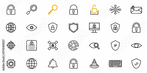 Secure Your Business With These Essential Cybersecurity Icons, Featuring Locks, Shields, Keys, and More, representing Digital Safety in a Modern Style Originally Vector