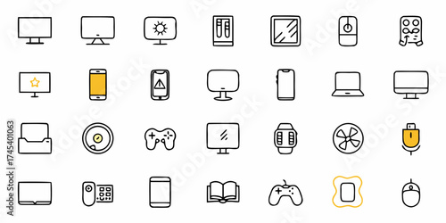 Hand-drawn tech icons for modern devices and gadgets, perfect for UI design and technology themes, showcasing monitors, smartphones, and gaming controllers, visually appealing set