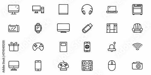 Tech Icons Set for Modern Digital Lifestyle: Computer, Laptop, Phone, Camera, Headphones, Game Controller, and Smartwatch Representing Connectivity and Entertainment