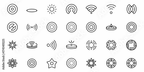 Dynamic set of circular icons for interface design or app development, offering a range of symbols for wireless connection, location, and user interface elements