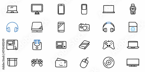 Tech Icons Collection Featuring Laptop, Smartphone, Headphones, and Gaming Accessories for Modern Digital Lifestyle Designs with Clean Line Art Style