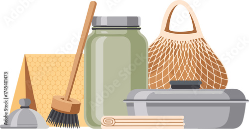 zero waste kitchen icons vector – reusable glass jar, beeswax food wrap, bamboo dish brush, mesh produce bag, compost bin – flat eco vector set