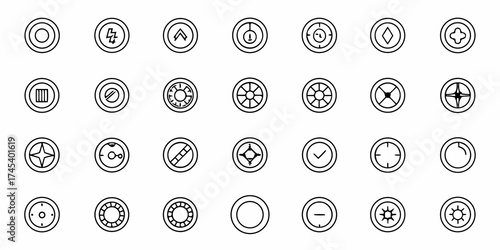 Diverse collection of modern circular icons representing controls, symbols, and indicators for interfaces, applications, and digital design projects, offering versatile visual elements.