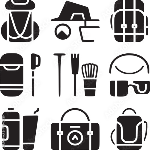 A collection of black and white camping and hiking icons arranged in a organized manner on white
