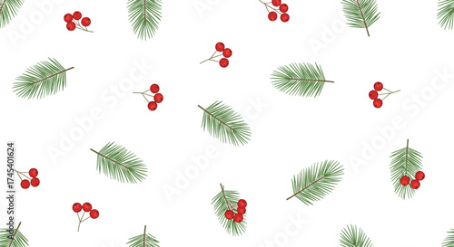 Festive evergreen branches and red berries pattern. 