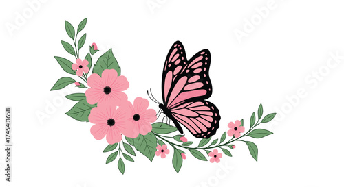 A delicate pink butterfly rests on a spray of soft pink flowers with green leaves.