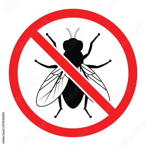 
No Fly Sign Vector Illustration – Insecticide, Anti Fly Pest Control Warning Icon and insect killer symbol