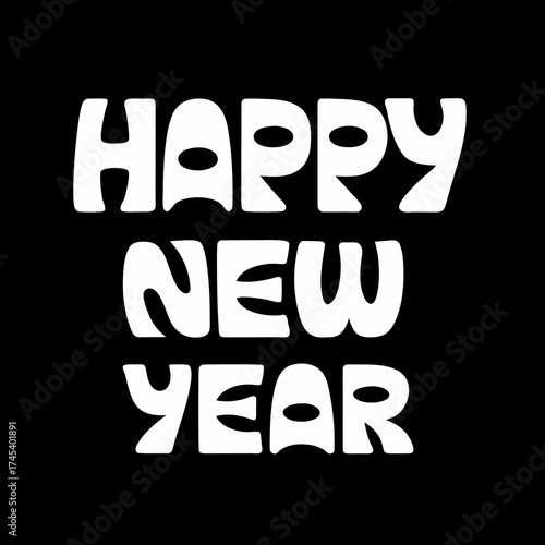Happy New Year bold white bubble font text on a black background Keywords: happy new year, new year, celebration, greeting, text, font, typography, lettering, white, black, background, festive