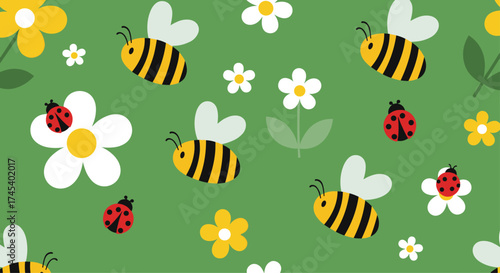 Cute bees and ladybugs flying around colorful flowers on a green background.