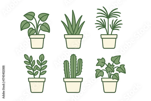 Collection of six potted houseplant icons in simple green outline style