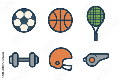 Stylized sports equipment and fitness icons for game design projects