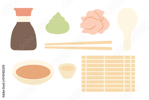 Collection of essential Japanese sushi condiments and serving utensils