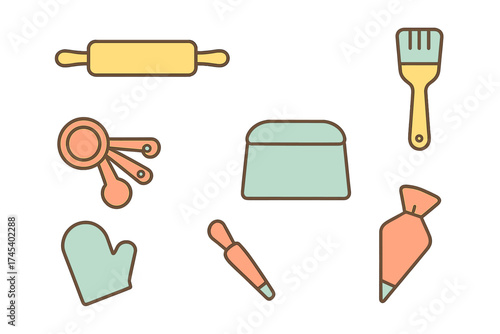 Pastel kitchen utensils and tools set for baking and pastry preparation