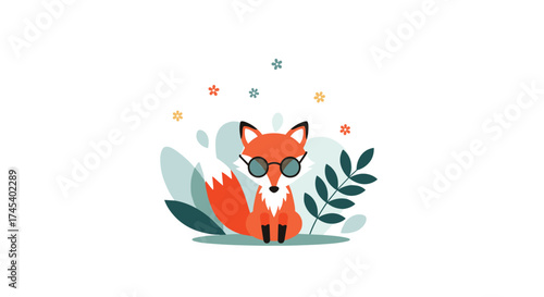 An adorable fox wearing glasses sits in a patch of leaves.