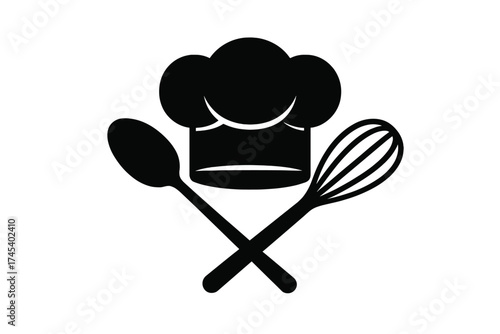 Traditional chef toque centered above crossed cooking spoon and wire whisk