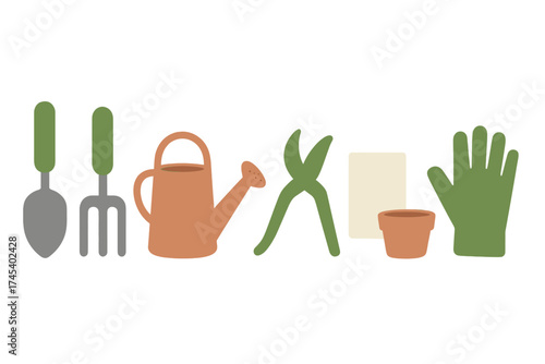 A collection of essential gardening tools and supplies including a watering can, trowel, shears, and gloves