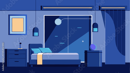 A bedroom with automated curtains adjustable lighting and a sleep monitoring device all controlled by voice commands.
