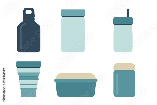Set of modern reusable containers for food storage and beverages promoting sustainable zero waste habits