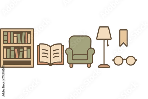 Set of essential elements icons for a comfortable reading nook featuring furniture and books