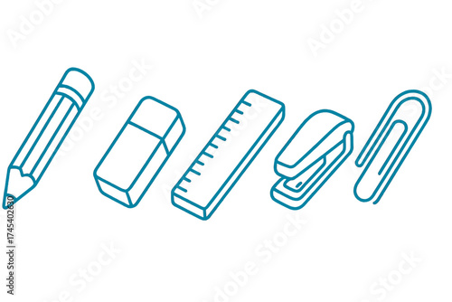 Isometric outline icons of essential stationery items including pencil eraser and ruler