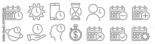 Date and time management line icon set