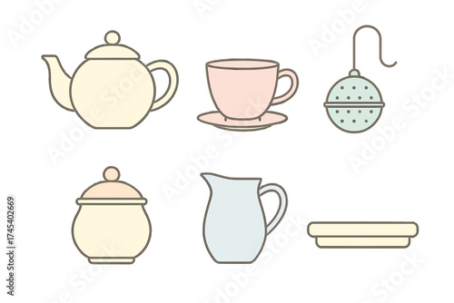 Minimalist set of tea essentials including teapot teacup sugar bowl and creamer in soft pastel colors