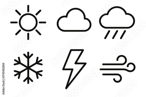 Set of simple black outline icons depicting various weather conditions and phenomena