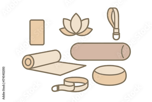 Essential yoga and meditation equipment set including mat, bolster, strap, and lotus icon