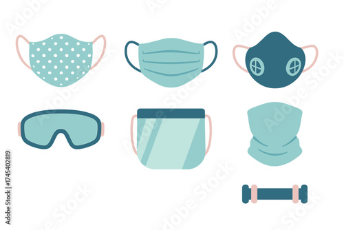 Set of personal protective equipment including face masks, respirators, goggles, and shield