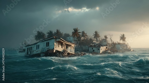 Strong wind hurricane hitting island flood concept. A dramatic scene of a house impacted by rising ocean waves.