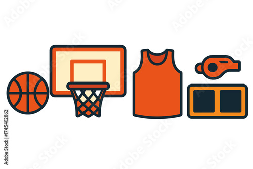 Set of basketball game elements including ball, hoop, jersey, whistle, and scoreboard icons