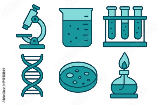 Set of essential laboratory equipment and scientific research tools icons
