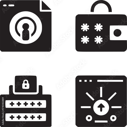 Four black and white icons depicting a profile, wallet, password, and an upward facing arrow