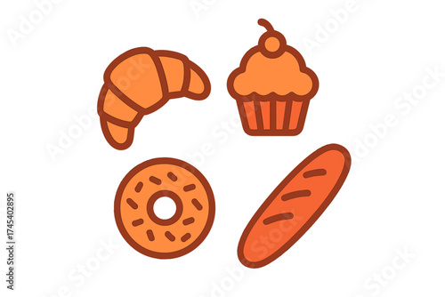 Simple stylized icons of croissant, cupcake, donut, and baguette bakery items