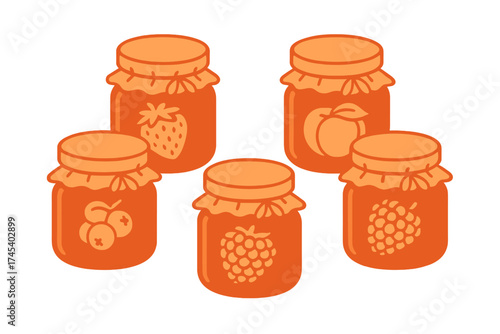Five jars of homemade fruit preserves with various berry and stone fruit icons