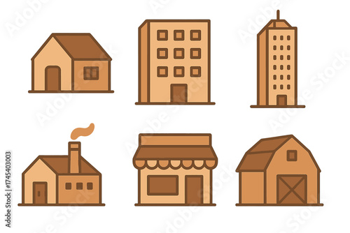 Monochromatic brown building icons collection representing residential commercial and industrial structures